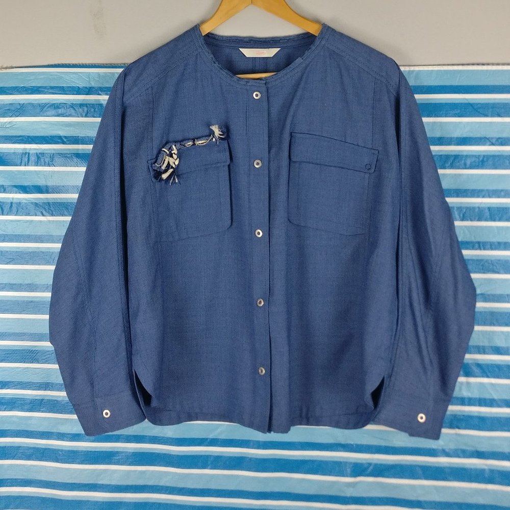 Oversized Loose Fit dropped shoulder blue Snap button down Fisherman shirt, M
